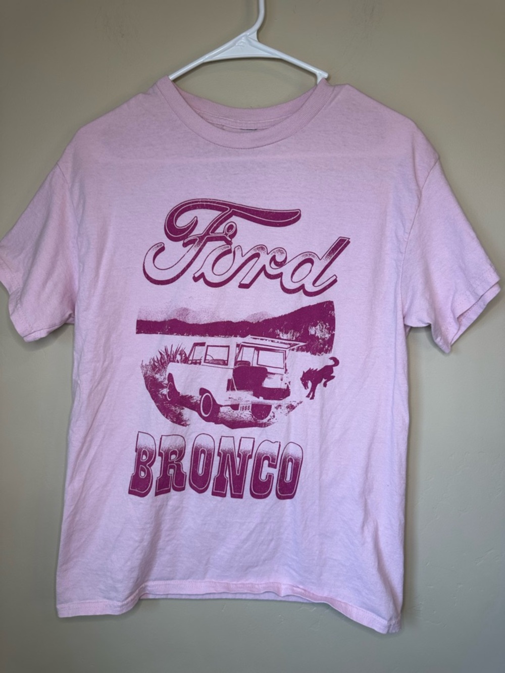 Ford Women’s Short Sleeve Tee in Light Pink with Magenta Bronco Graphic